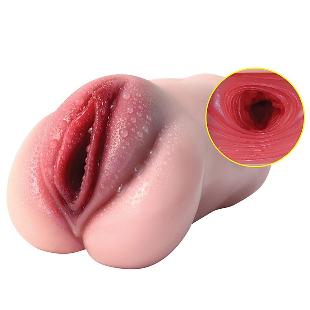 Masturbador Vagina Tight Pussy II Cyberskin Bege em close-up das texturas internas vis�veis atrav�s da abertura
