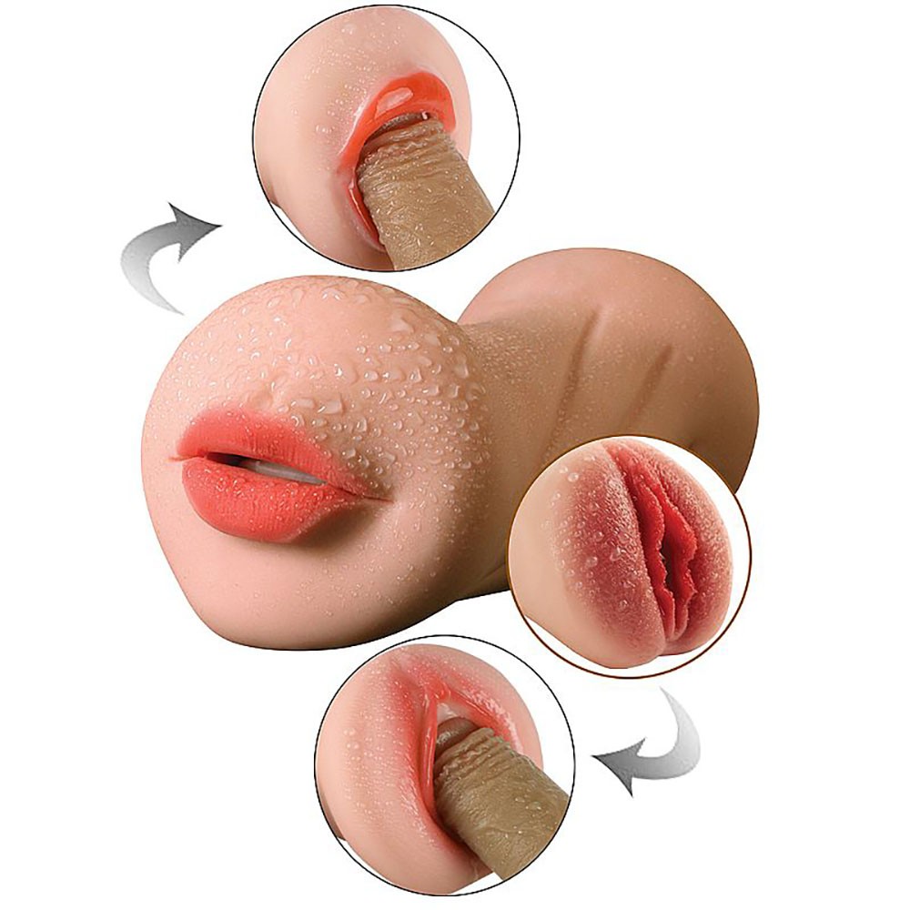 Masturbador Cyberskin Bege com dupla entrada, boca e vagina, em vista diagonal