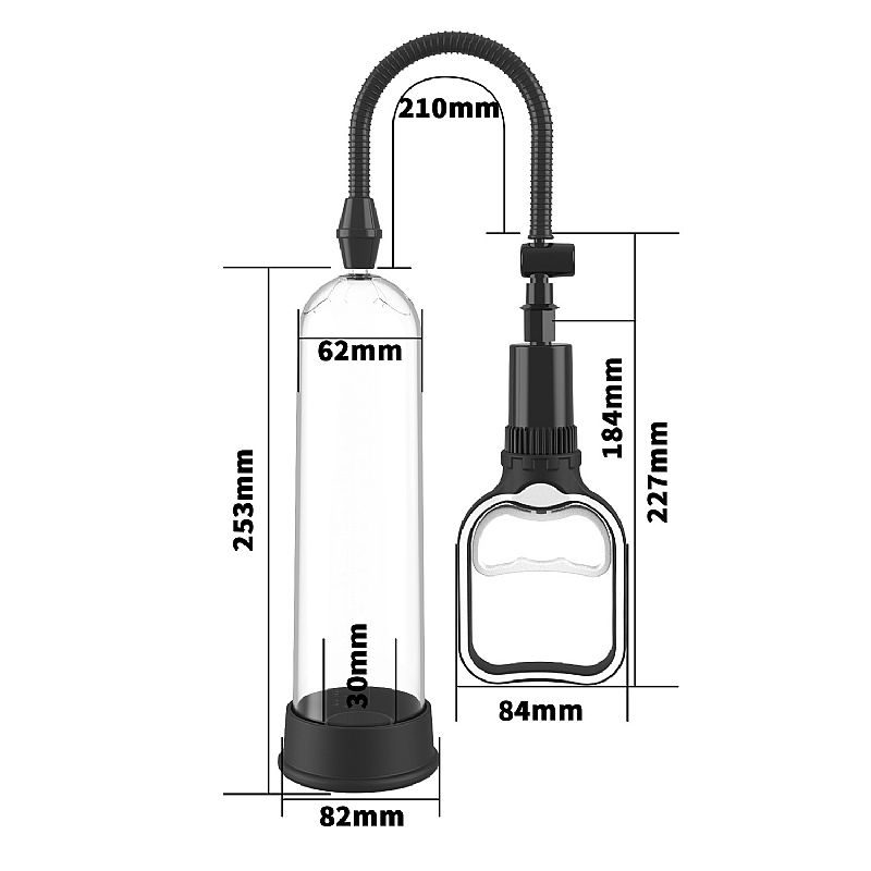 Bomba Peniana Manual com Bocal de Silicone, vista com medidas indicando 253mm de comprimento