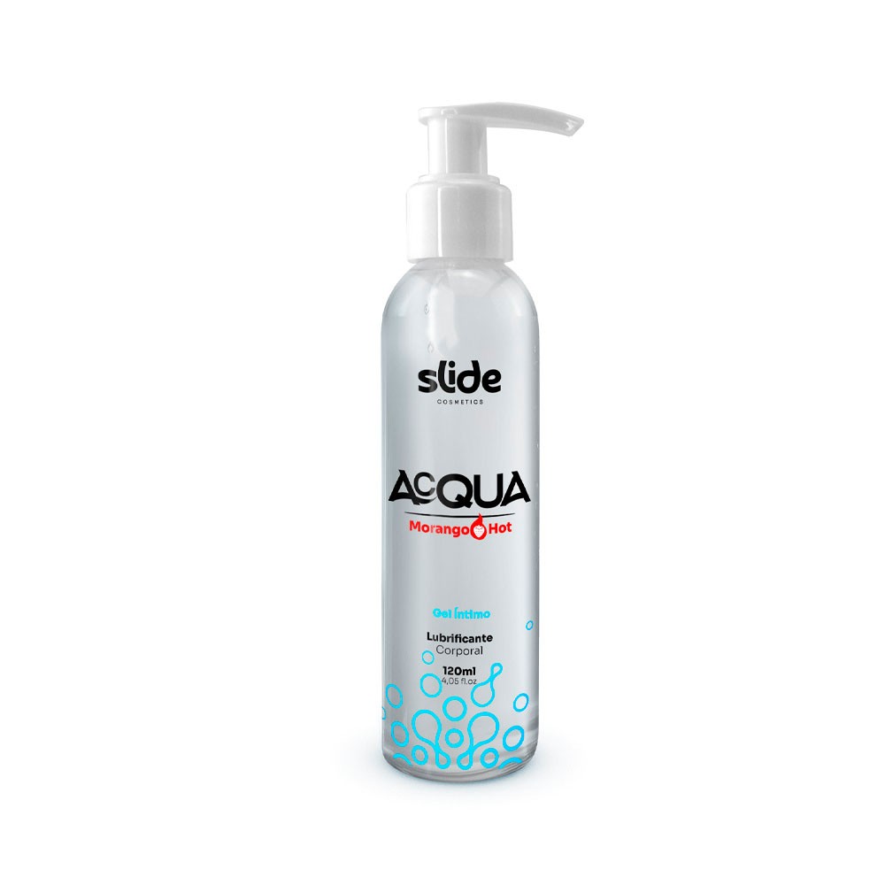 Frasco individual de Lubrificante Corporal Acqua Morango Hot 120ml em vista lateral, com o gel transparente vis�vel