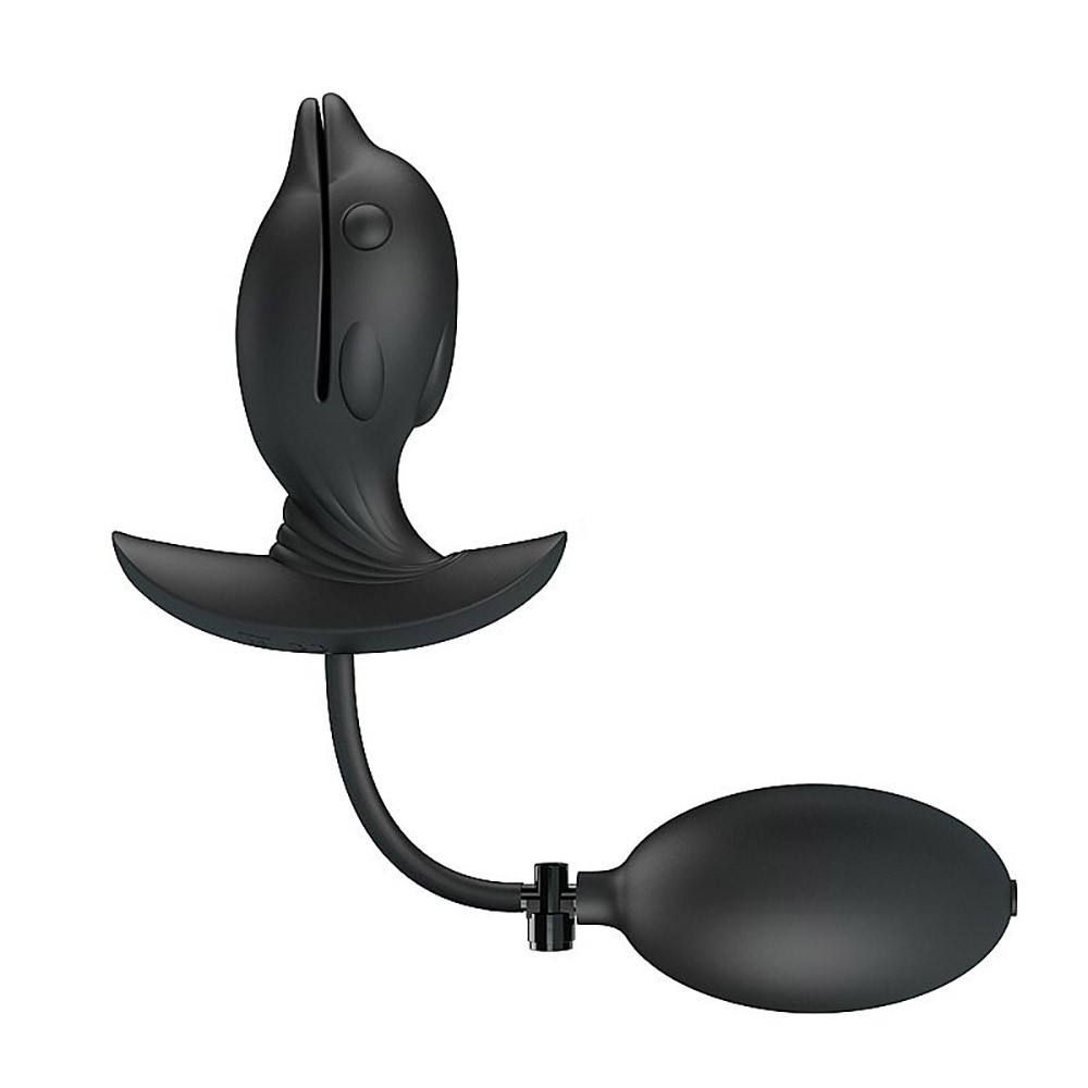 Plug anal infl�vel Hanson preto em silicone, vista frontal detalhando o formato de golfinho e a bomba de infla��o