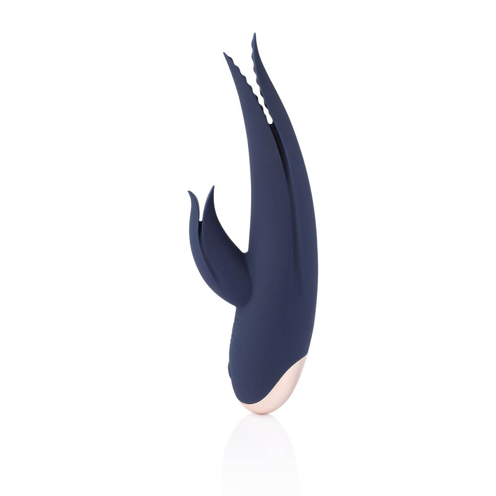 Vibrador Duplo Bonny Azul de silicone visto de lado, com as abas de estimula��o clitoriana