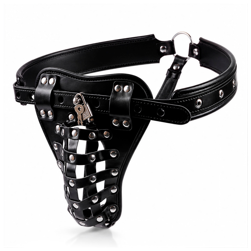 produto - Cinto de Castidade Masculino Preto em PU com Cadeado