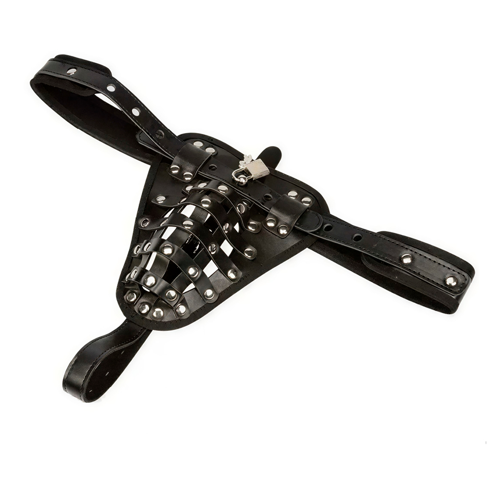 produto - Vista superior do Cinto de Castidade Masculino em PU com detalhe do cadeado fechado