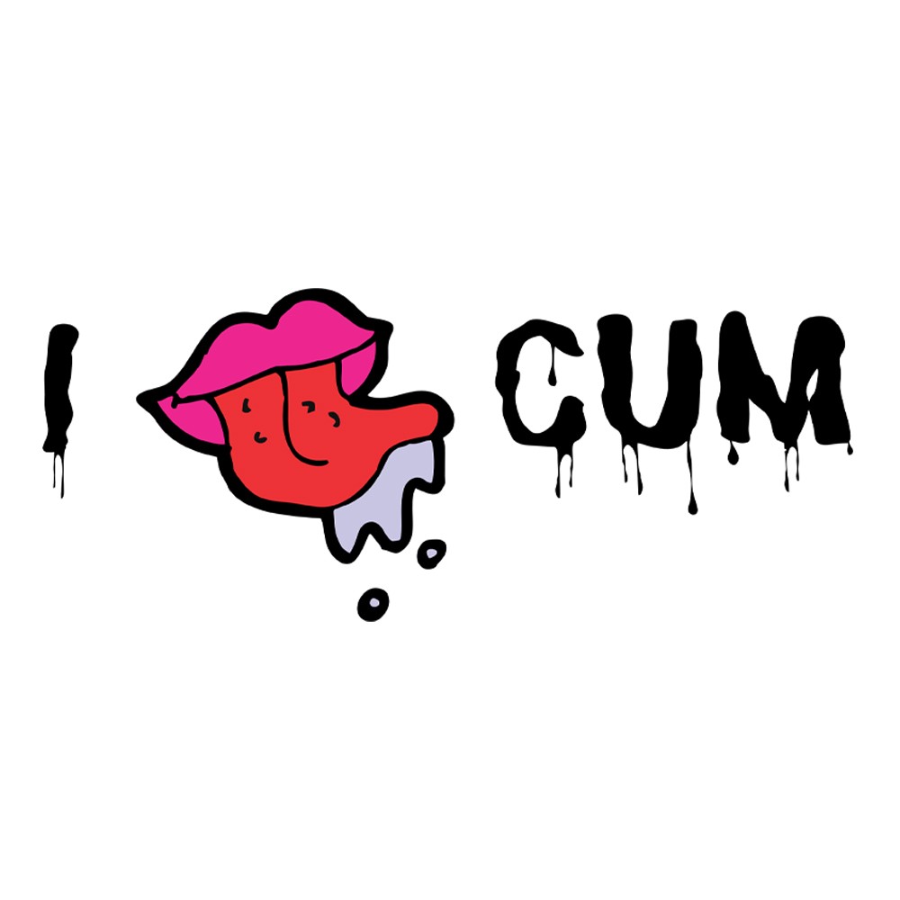 Close-up da tatuagem tempor�ria 'I mouth CUM' em preto com detalhes da boca isolados em fundo branco, sem aplica��o na pele