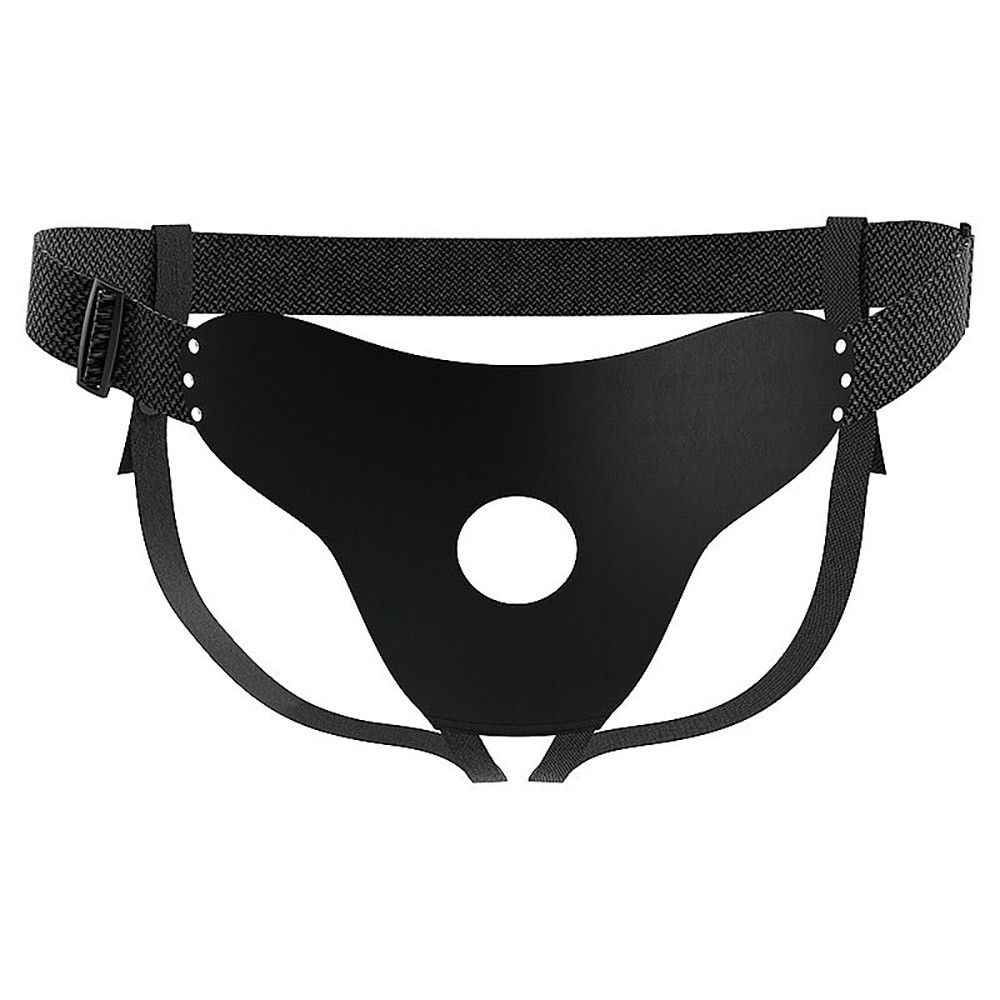 Cinta peniana preta em PU e nylon com regulagem, vista frontal do harness