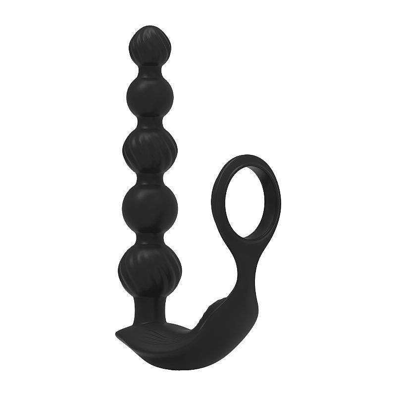 Bolinha Anal Recarreg�vel com Anel Peniano 10 Vibra��es com Controle sem Fio Long Plug Preto - Vista lateral do plug com anel peniano