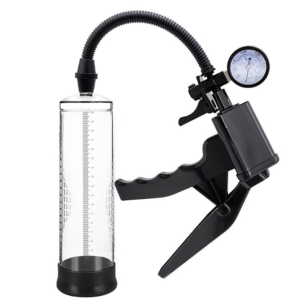 Bomba Peniana Manual com Medidor de Press�o, vista frontal detalhando cilindro transparente e bomba manual