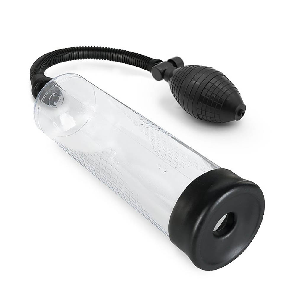 Bomba Peniana Manual de 20cm com Bocal de Silicone Transparente em vista diagonal, bocal � direita
