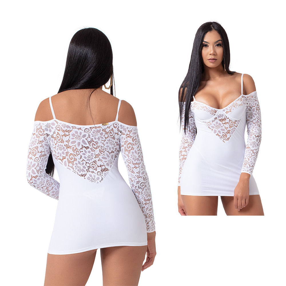 camisola sensual Lindsey Branca em vista traseira destacando a renda nas costas e mangas compridas
