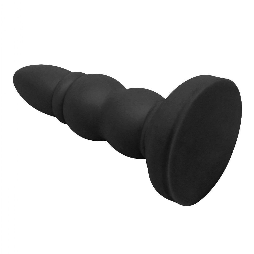 Plug Anal PVC Flex�vel Anelado Preto em �ngulo lateral mostrando sua flexibilidade e os an�is