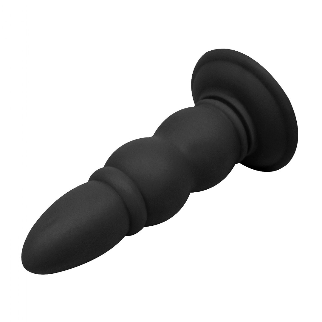 Plug Anal PVC Flex�vel Anelado Preto em outra vista lateral diagonal com a base virada para cima