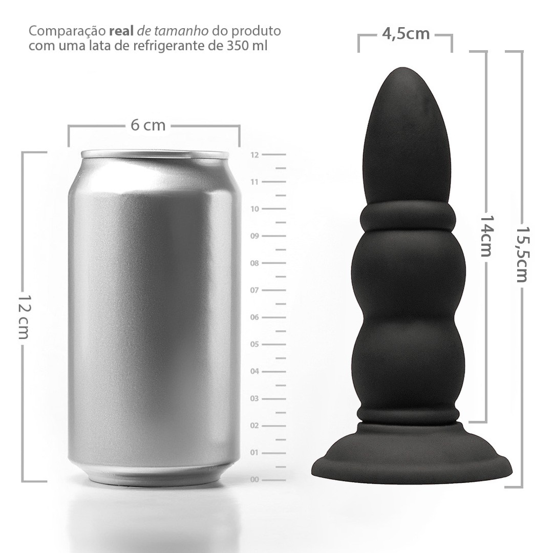 Plug Anal PVC Flex�vel Anelado Preto em detalhe da ponta e dos primeiros an�is sobre fundo branco