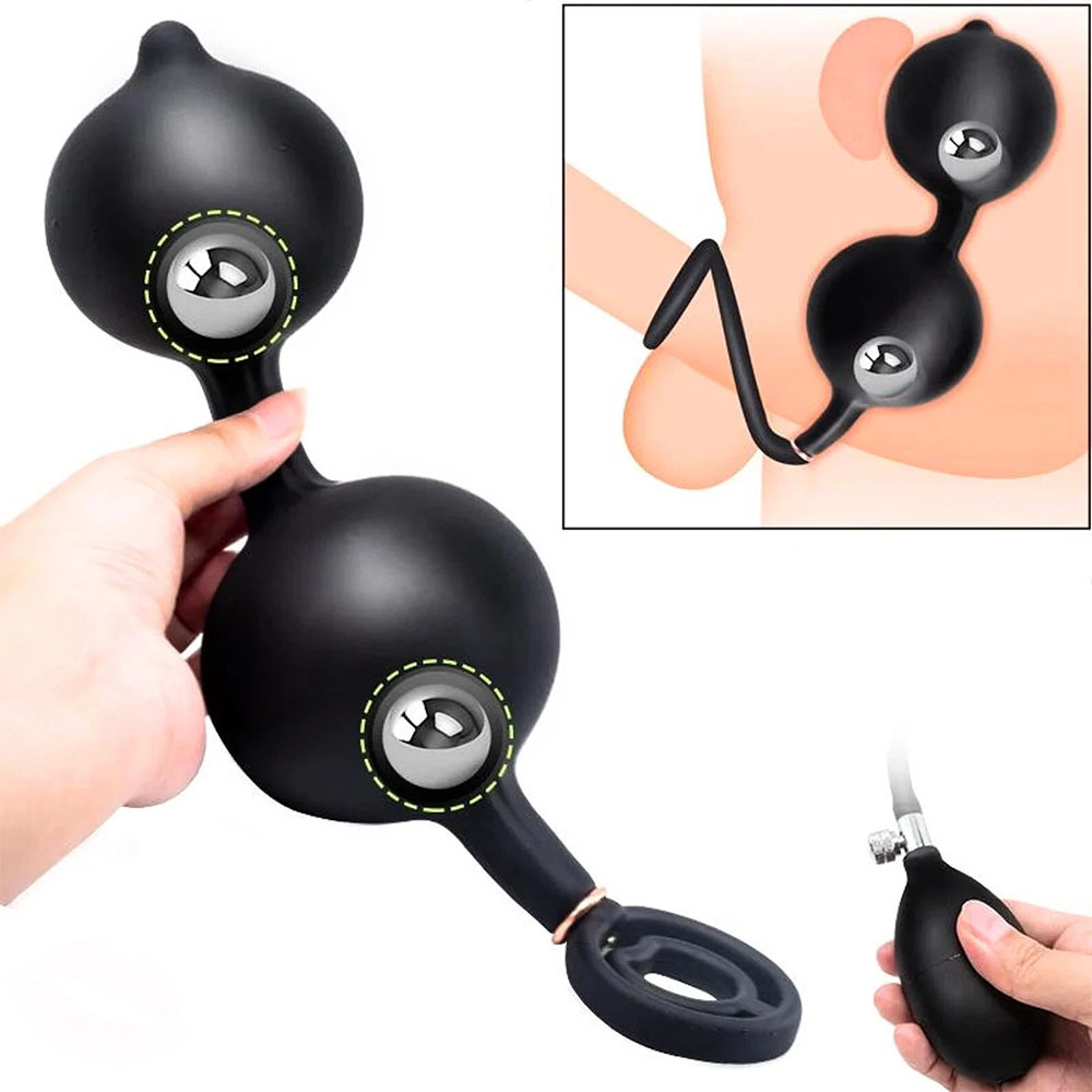 Plug anal infl�vel preto com an�is peniano e escrotal, mostrando a forma do plug dentro do corpo com ilustra��es de como a bomba manual funciona