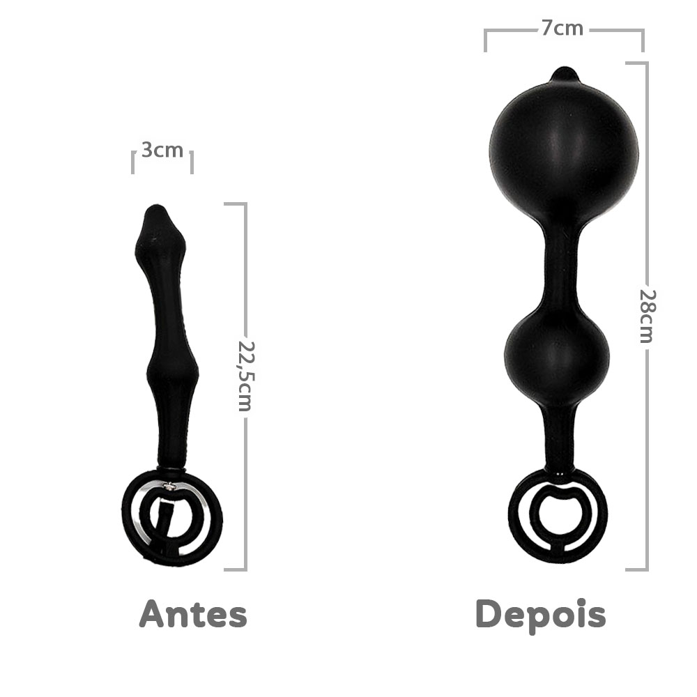 Vista lateral do plug anal infl�vel preto com an�is peniano e escrotal, mostrando o produto estendido