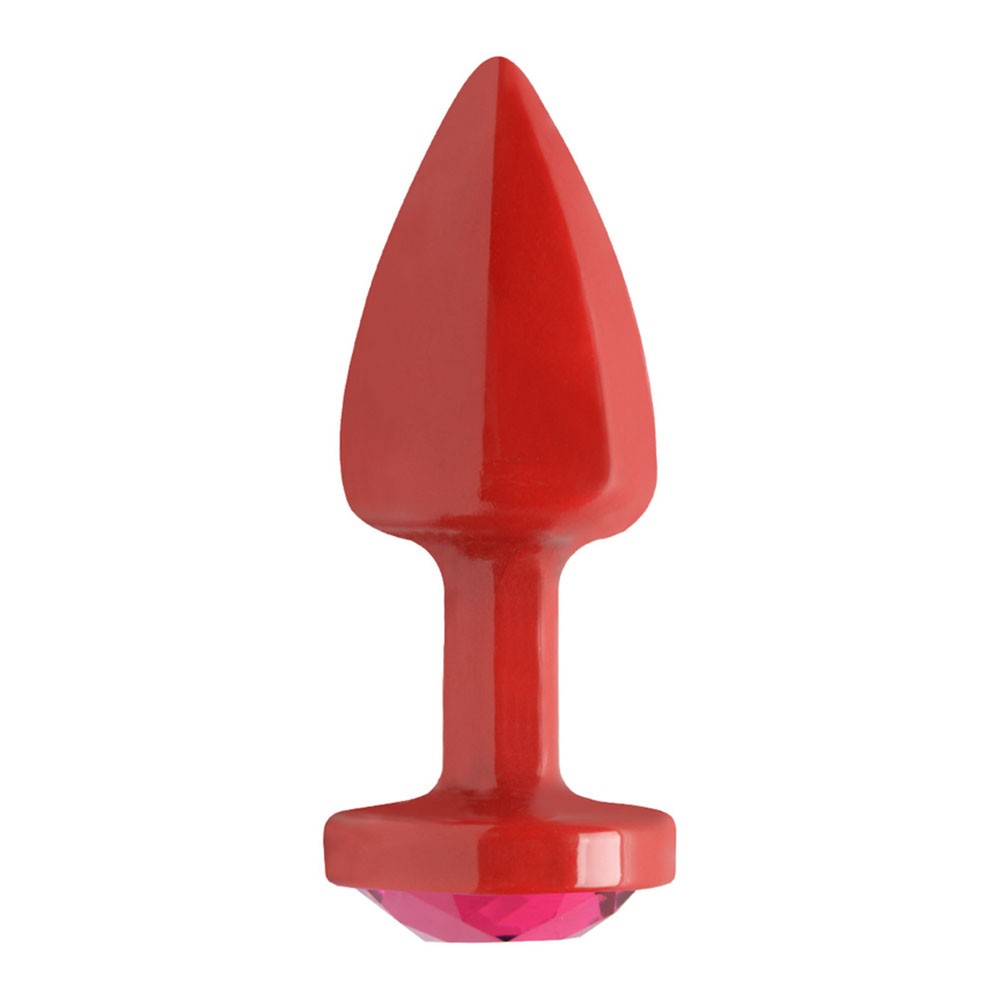 vista lateral do Plug Anal Joia em ABS Vermelho P com Pedra Pink evidenciando formato anatomico em gota e proporcao delicada