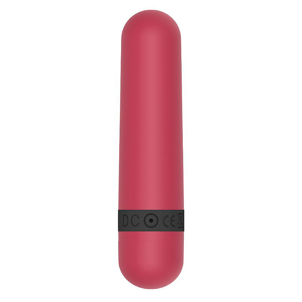 Vibrador Bullet Recarreg�vel Vinho em vista lateral, mostrando porta de carregamento DC