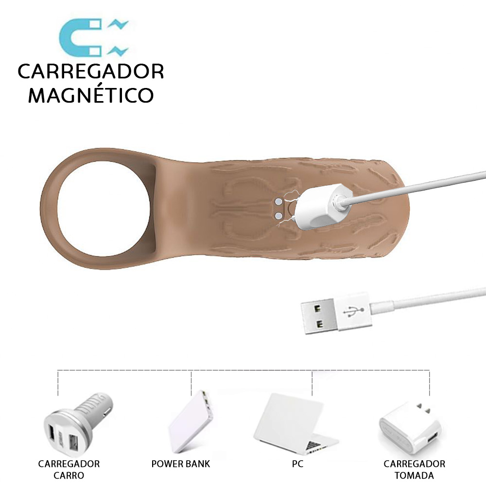 Capa Peniana Vazada com Vibrador Recarreg�vel em Silicone com 9 Vibra��es e Controle APP Jay Marrom, exibindo detalhes do anel e vibrador.