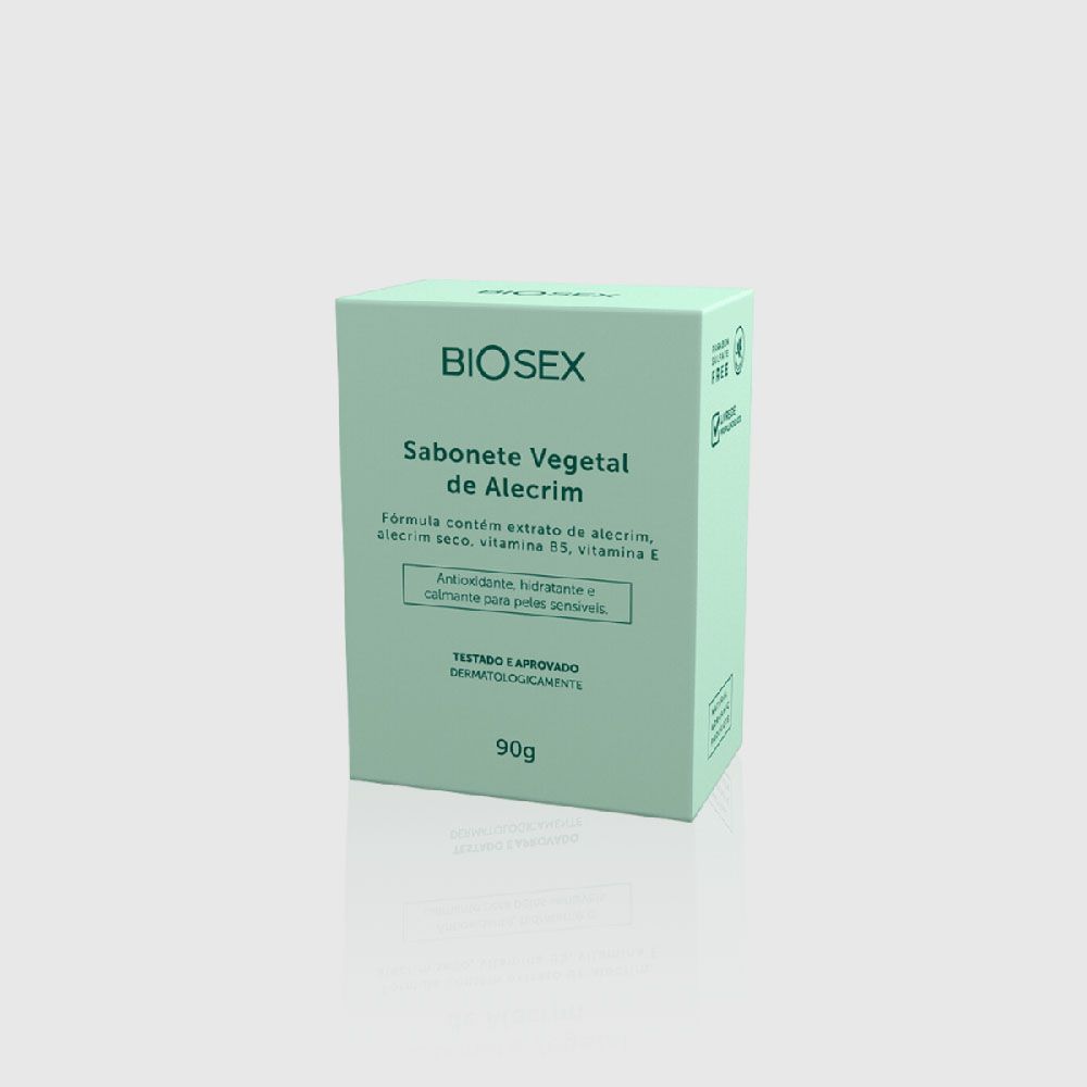 Vista da parte traseira da embalagem do Sabonete �ntimo em Barra Vegetal Alecrim Vegano Biosex 90g com informa��es