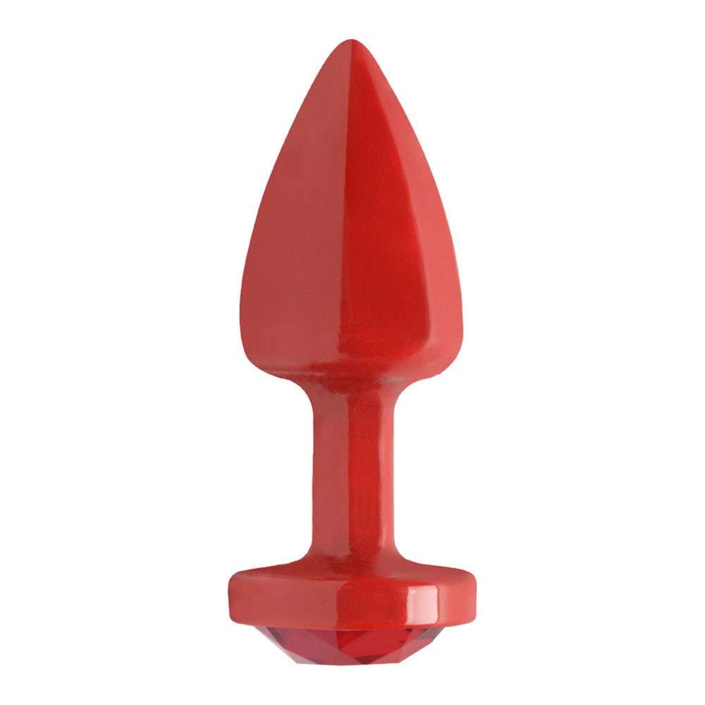 Vista lateral do Plug Anal Joia Vermelho em ABS evidenciando o formato anat�mico em gota e a base de seguran�a
