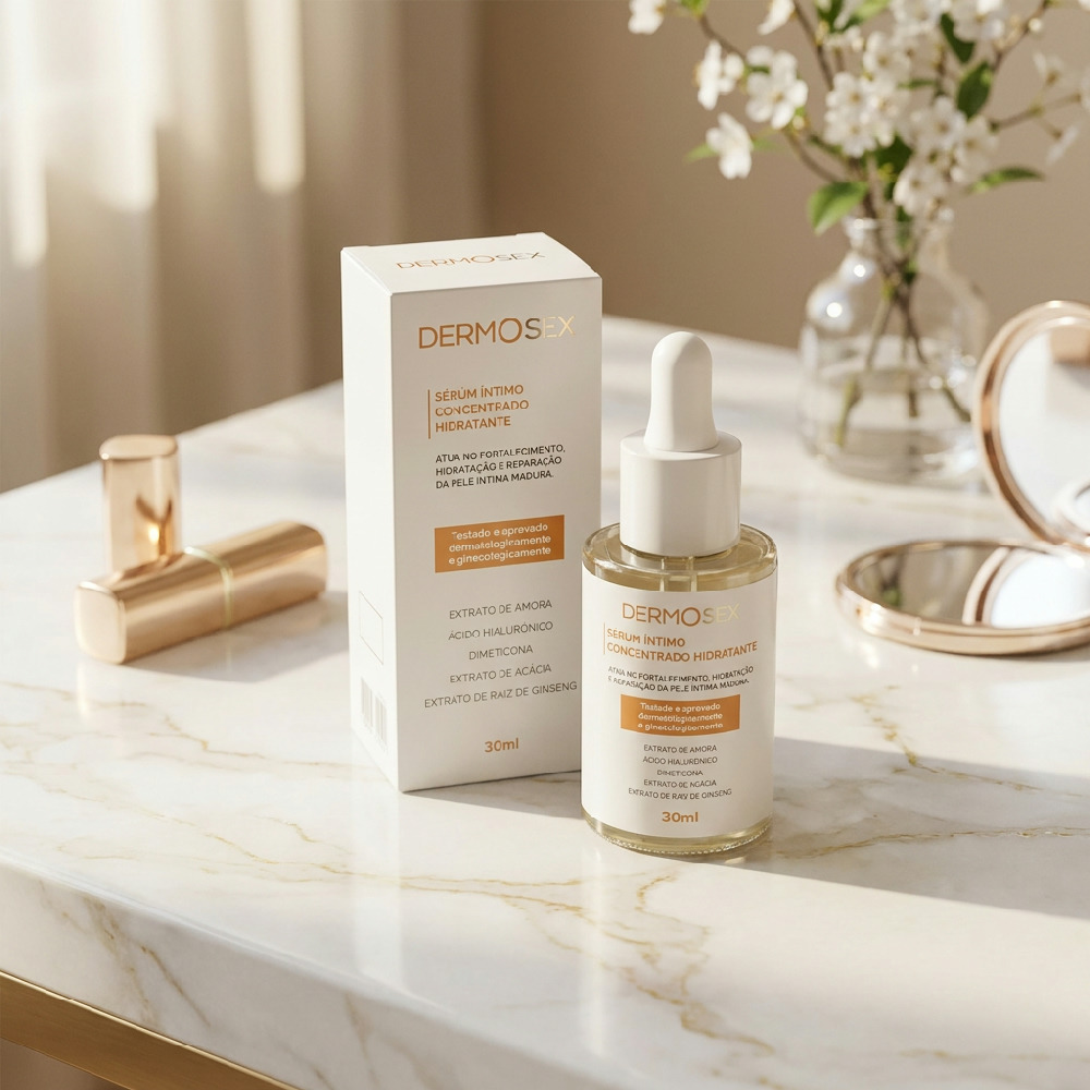 Vis�o frontal da caixa e do frasco do Ser�m Hidratante �ntimo Dermosex, enfatizando o design clean e as informa��es do produto.