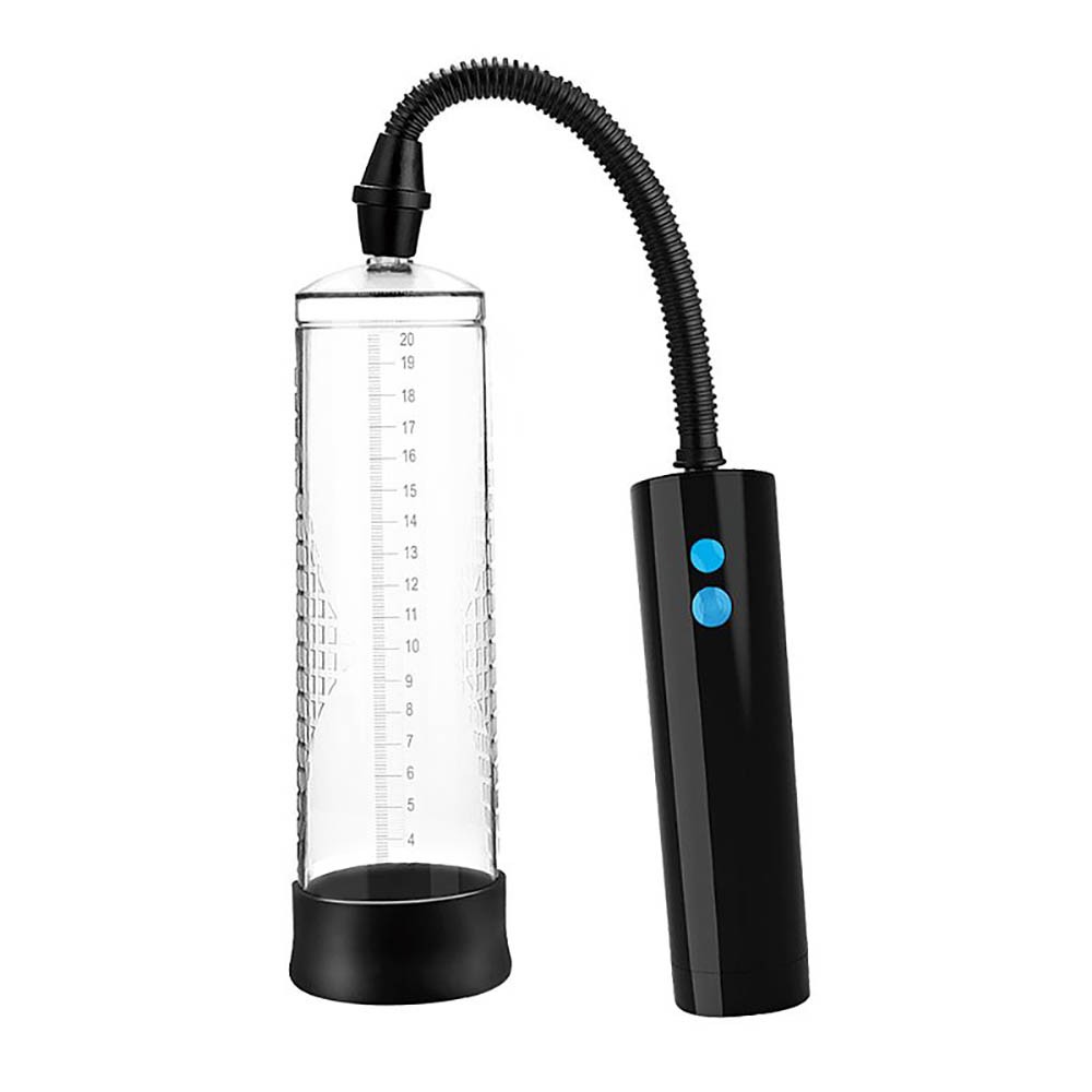 Bomba peniana autom�tica recarreg�vel transparente em vista lateral com cilindro graduado e controle preto