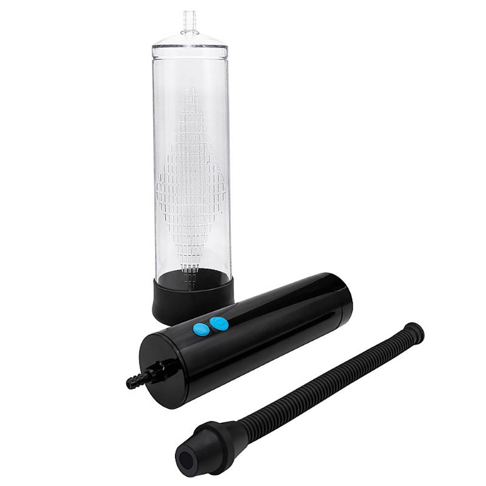 Bomba peniana autom�tica com partes separadas: cilindro, controle preto e mangueira sanfonada