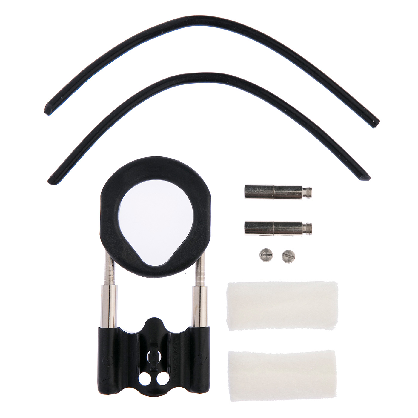 Extensor Peniano Tensordin Light Preto | Componentes do kit em vista superior, incluindo hastes, an�is e pe�as de fixa��o