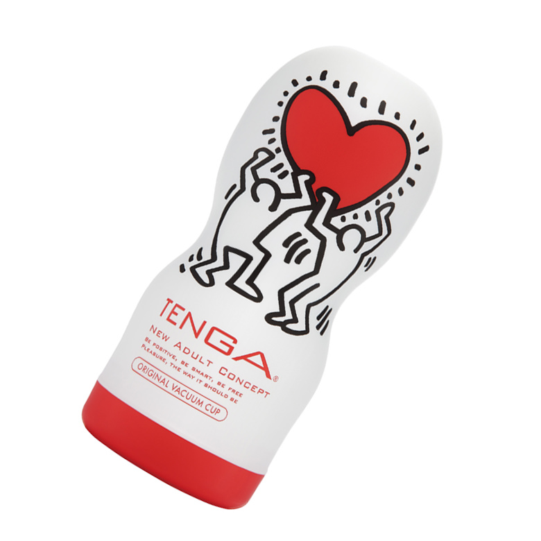 Masturbador Tenga Garganta Profunda Edi��o Keith Haring em vista lateral, mostrando detalhes da arte e a base vermelha