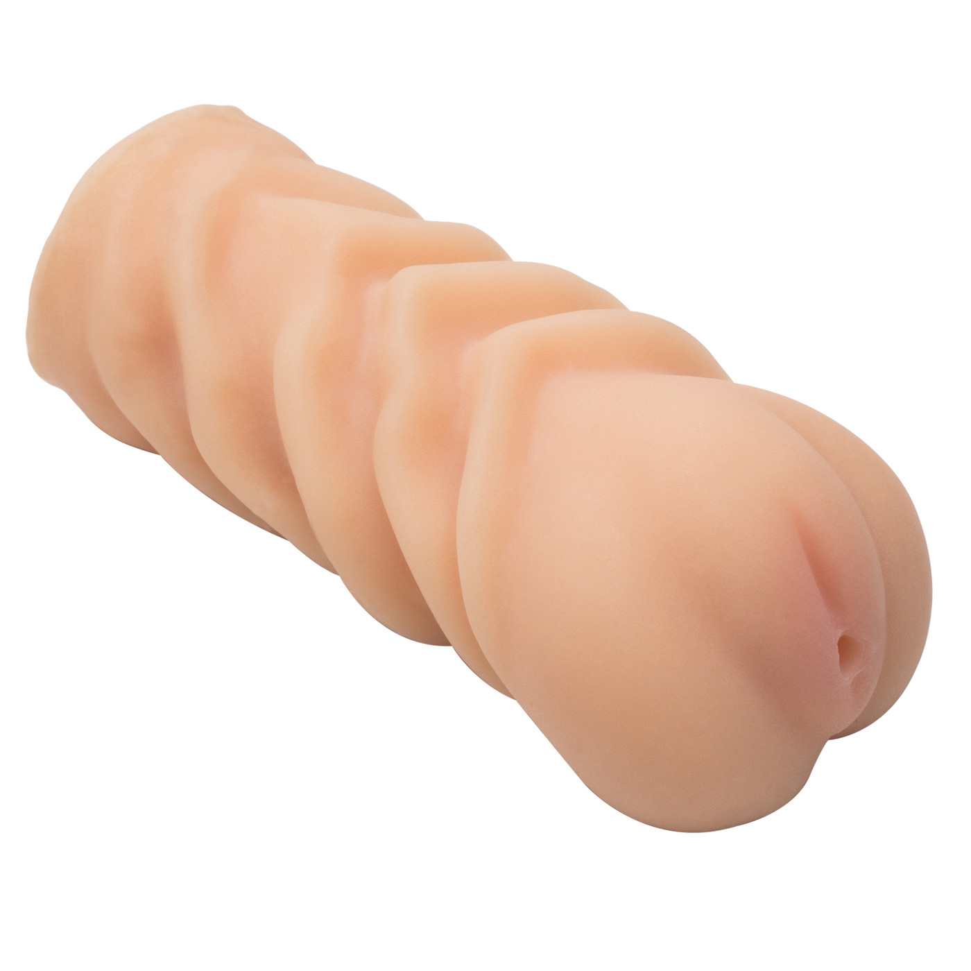 Masturbador Vagina Enola em Cyberskin, vista lateral em �ngulo superior, exibindo a textura externa e a entrada