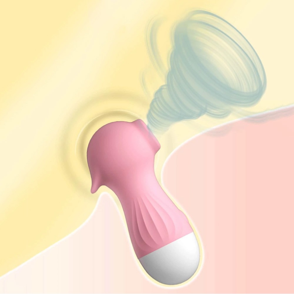 Vibrador para Clit�ris em Silicone Recarreg�vel com 10 Pulsa��es Pocot� Rosa em a��o, sugerindo movimento de suc��o no clit�ris