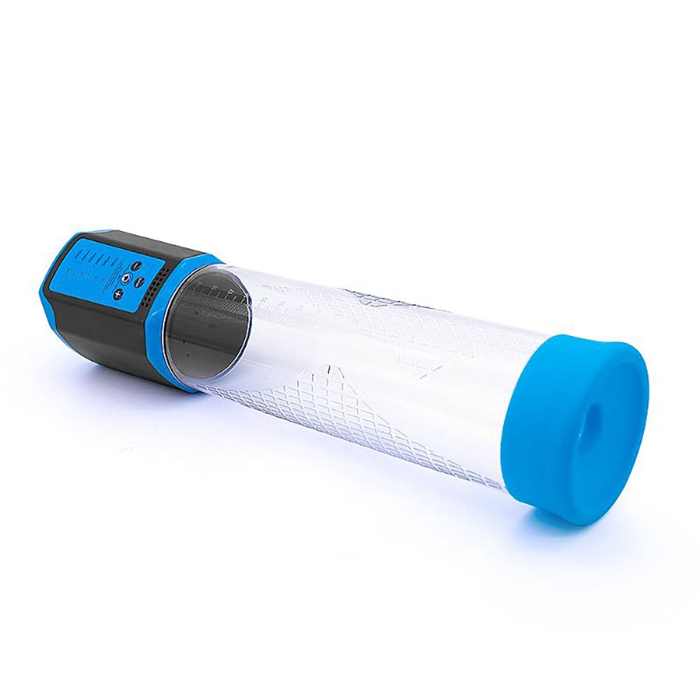 Bomba Peniana Autom�tica Recarreg�vel deitada, com a base de silicone azul e o cilindro em destaque