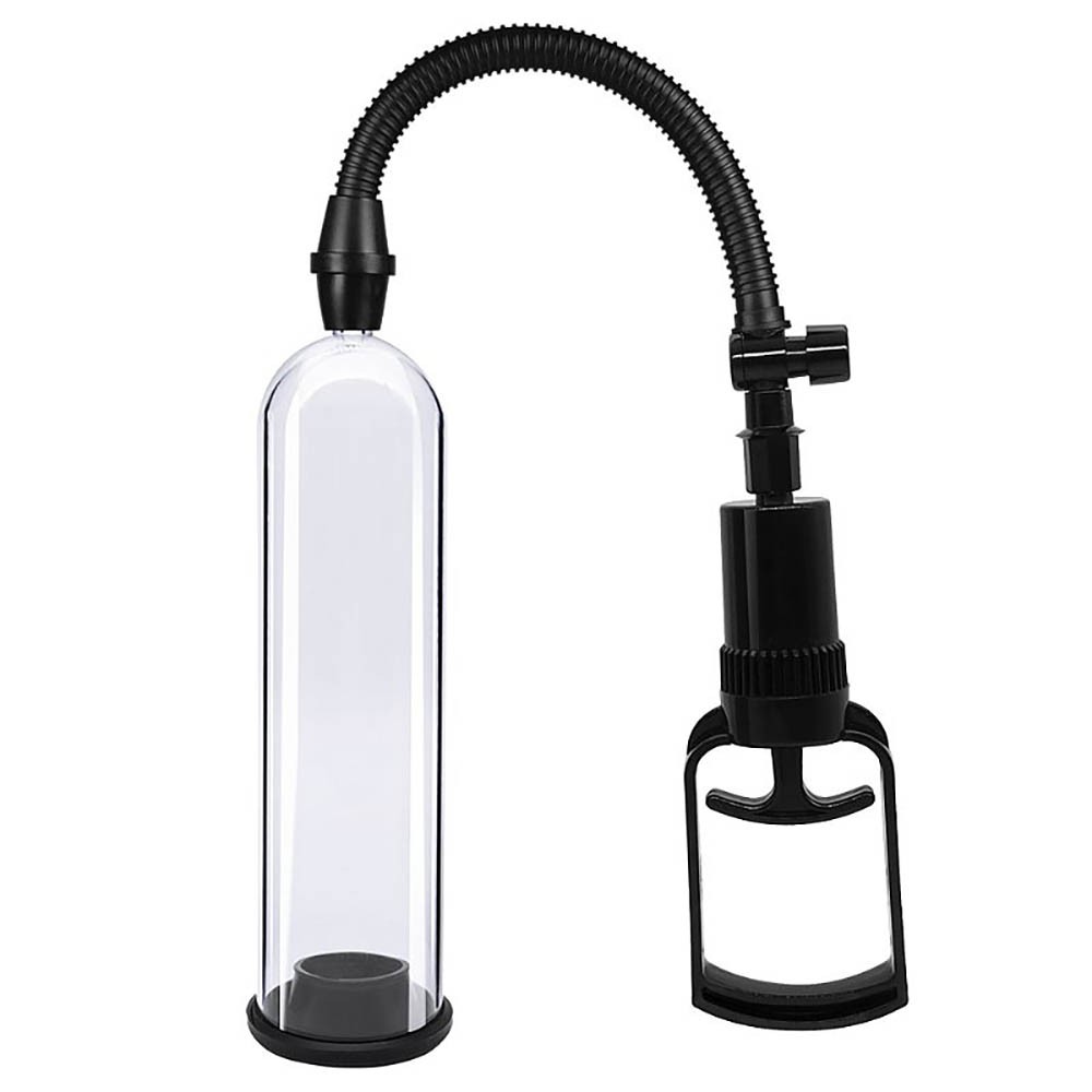 Bomba peniana manual transparente com bocal de silicone e mangueira conectada � bomba de suc��o manual