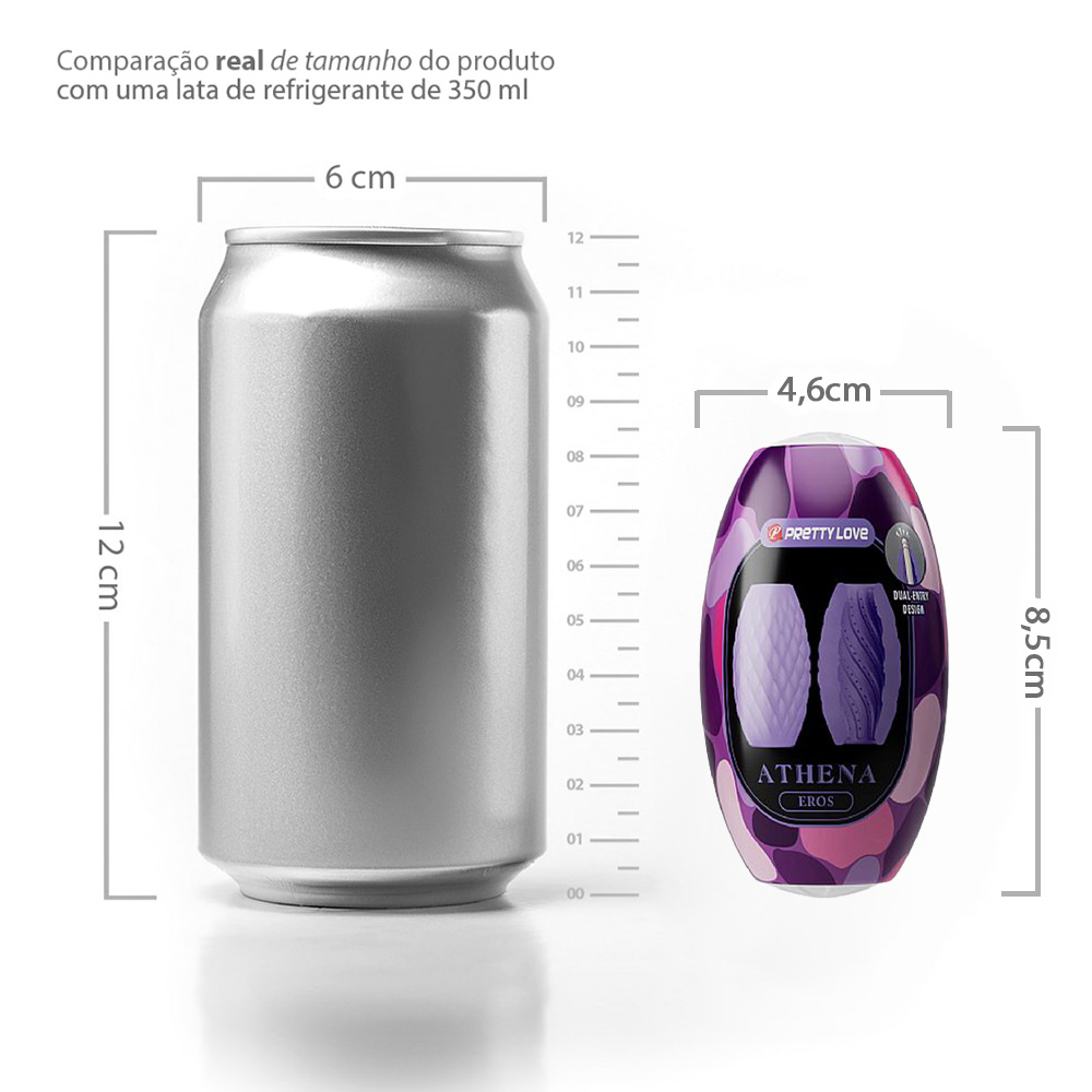 Ilustra��o do masturbador Athena Eros roxo em uso, com o p�nis parcialmente inserido, demonstrando a adaptabilidade e a estimula��o do produto.