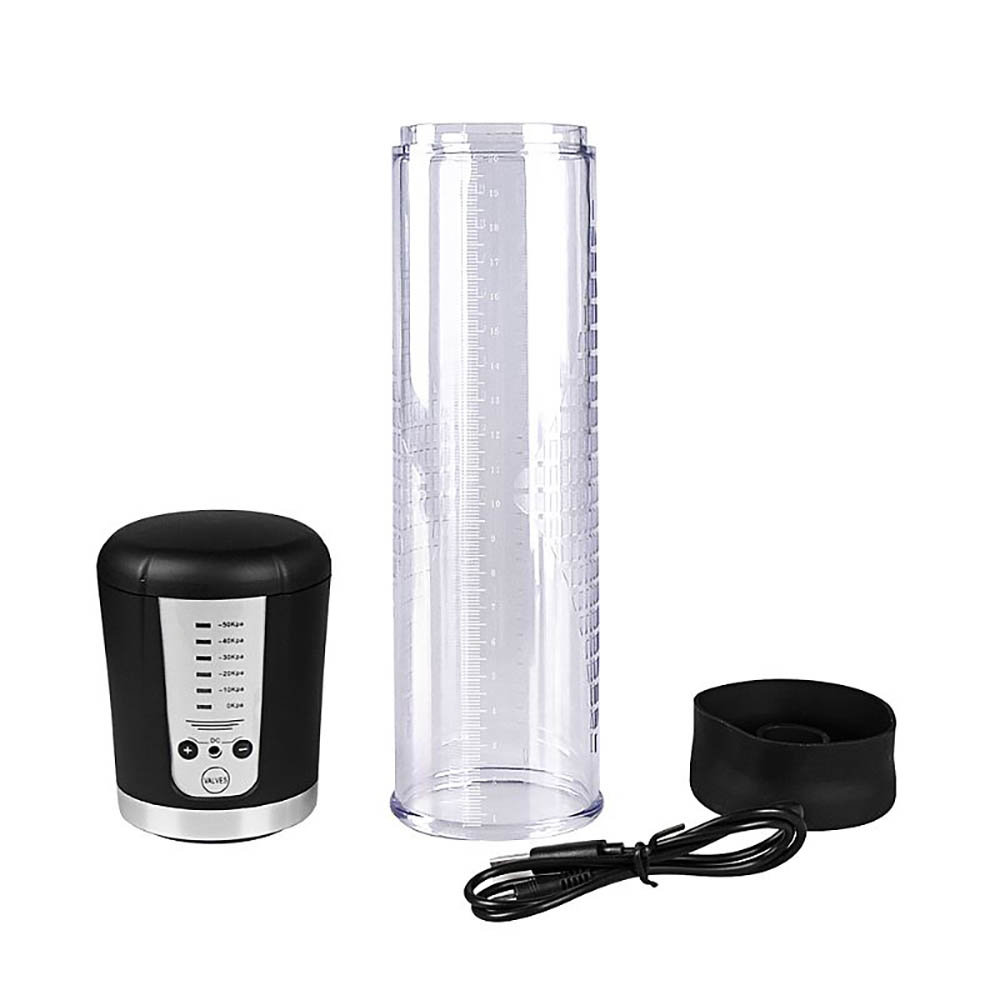 Componentes da Bomba Peniana Autom�tica Recarreg�vel: unidade de controle, tubo transparente, anel de silicone e cabo USB