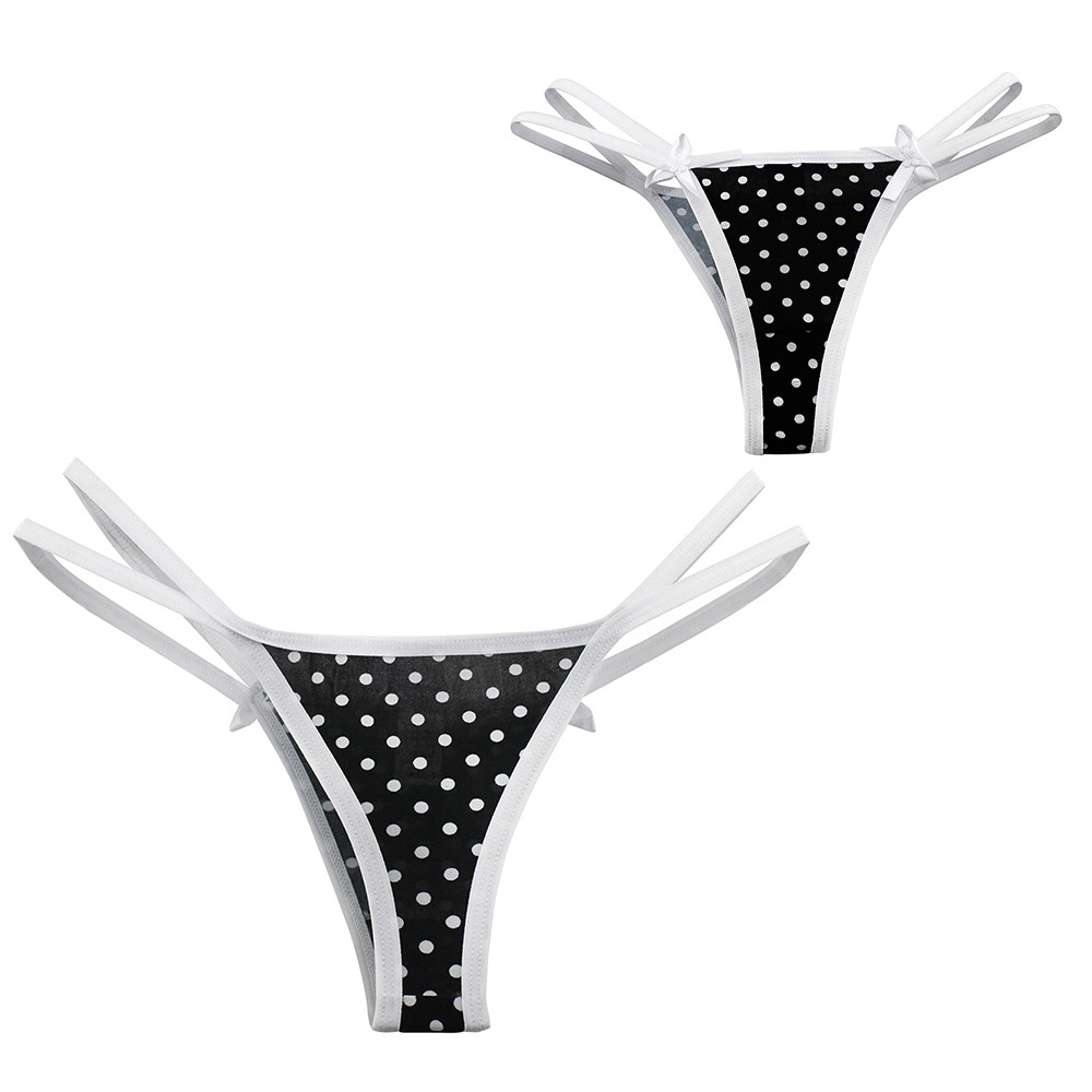 Calcinha Strappy Fio Dental Sexy Preta com Po� Branco | Foto 02 - Calcinha fio dental estampada com bolinhas brancas, vista frontal, detalhes strappy nas laterais brancas e lacinhos
