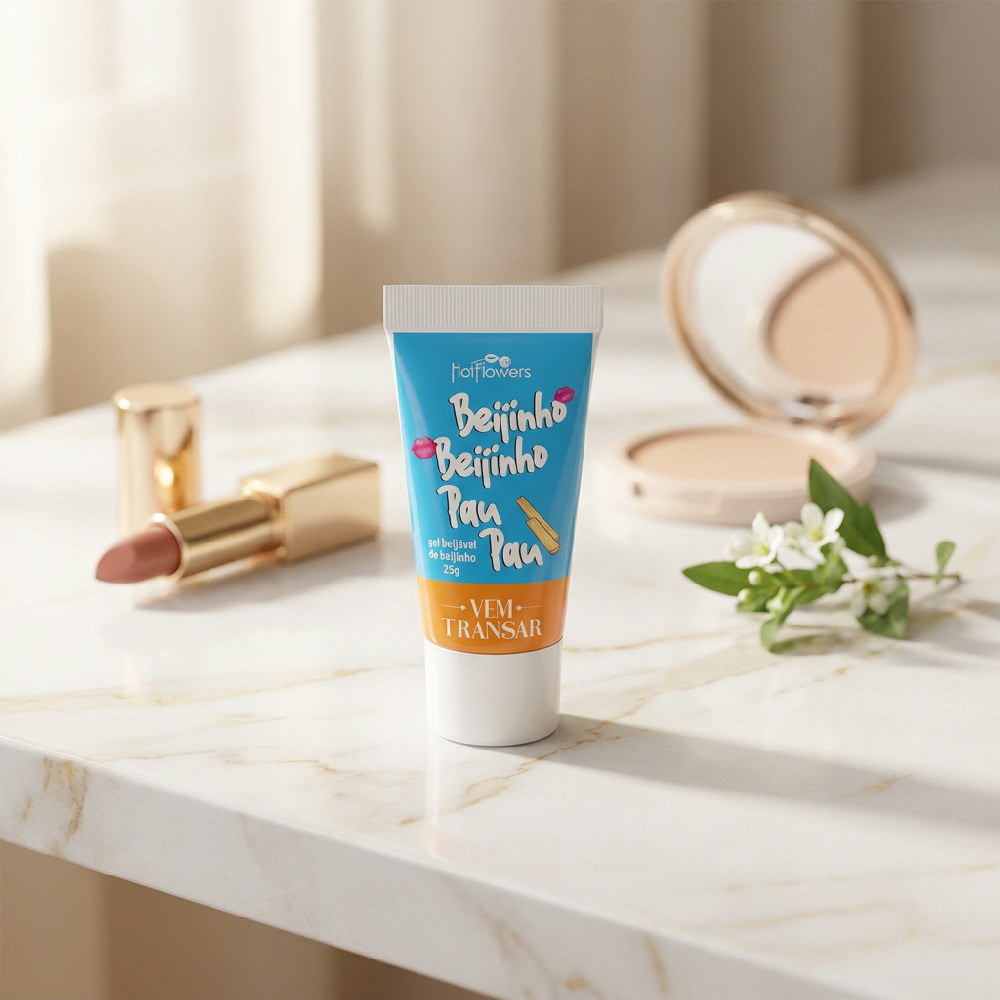Gel para Sexo Oral Beij�vel Beijinho Beijinho Pau Pau Sabor Beijinho 25g em uma mesa de m�rmore com maquiagem e flor, sugerindo um ambiente �ntimo e delicado
