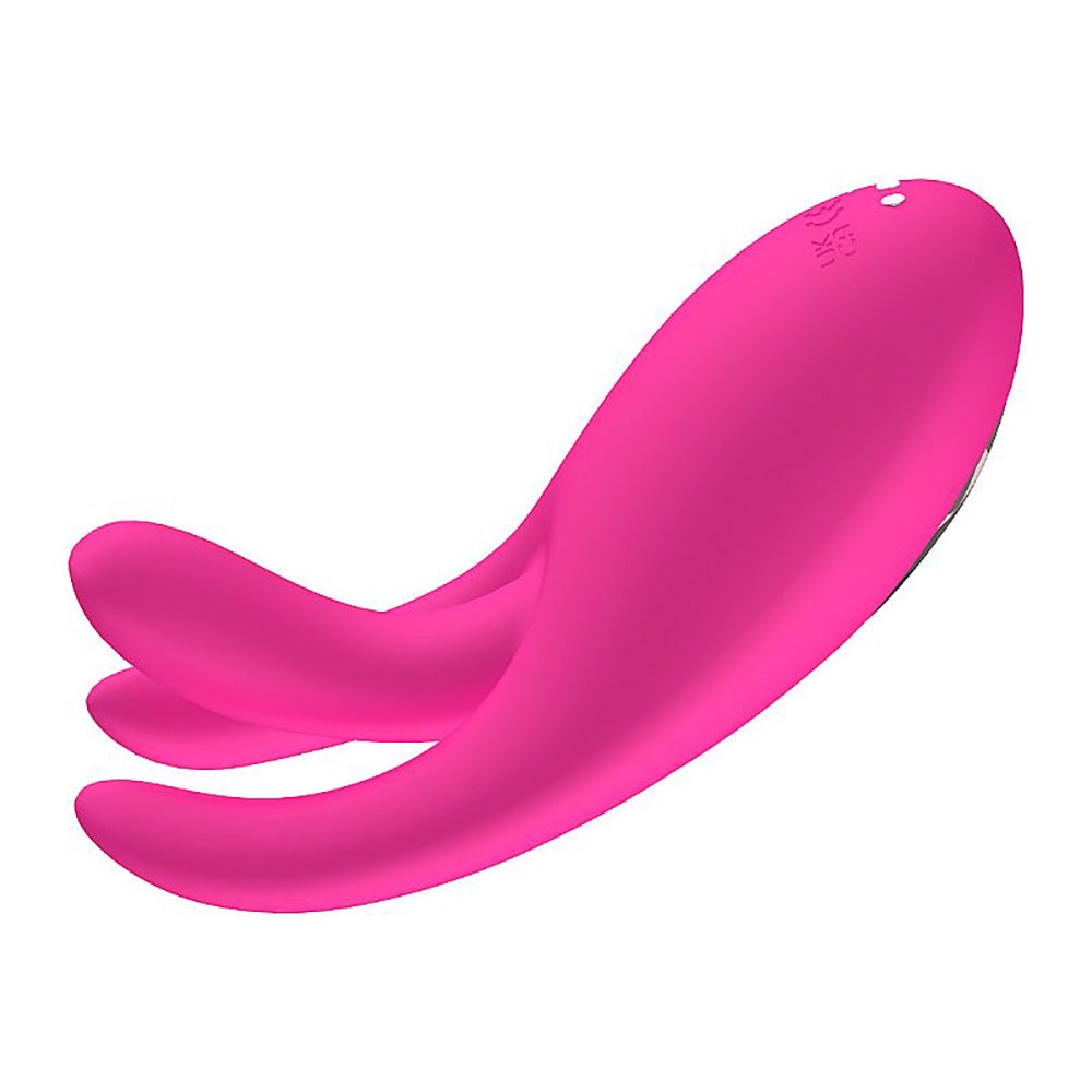 Vista lateral do Vibrador Duplo Recarreg�vel em Silicone Rosa destacando formato em U e hastes flex�veis