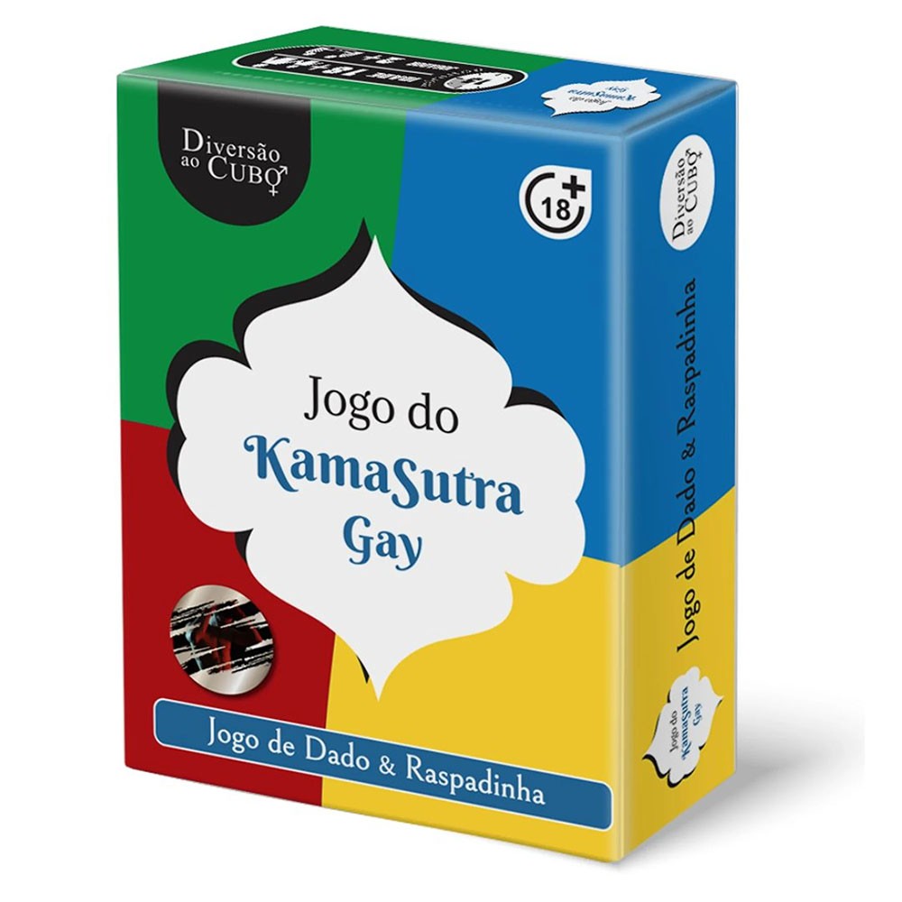 Caixa do Jogo de Sexo Kamasutra Dado e Raspadinha para Casal Gay em perspectiva, destacando o t�tulo e as cores vibrantes