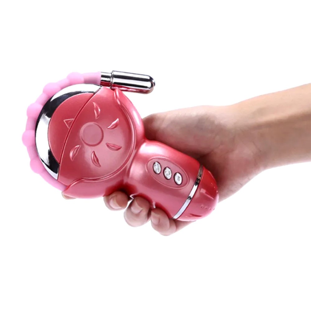 Vibrador Duplo em Silicone e ABS Simulador de Sexo Oral com 12 Velocidades e 6 Vibra��es Rosa - Em uso, segurado por uma m�o