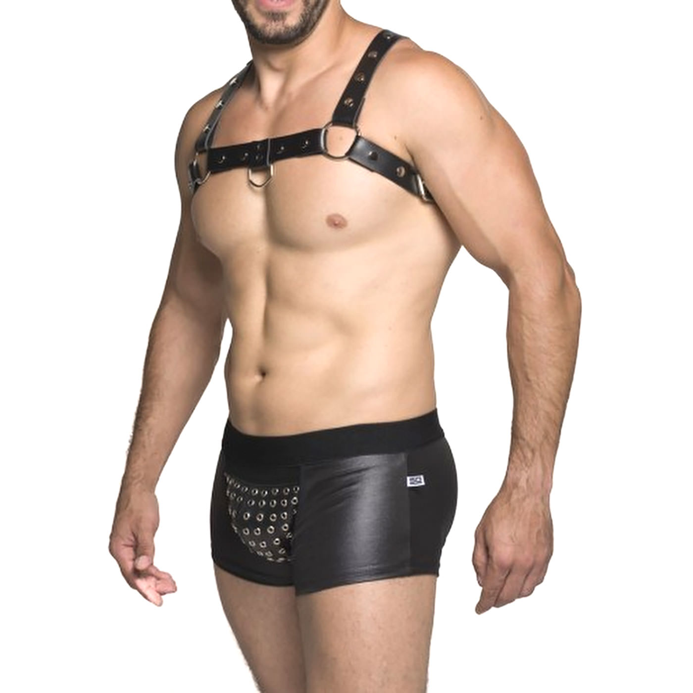 Cueca Sensual Boxer com Ilh�ses de Metal Preta na vista lateral, mostrando o caimento ajustado e o design