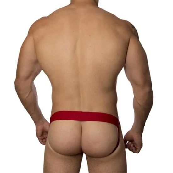 Jock com Tachinhas e El�stico na Cintura Vermelho, vista traseira que mostra o design jockstrap com tiras e o bumbum exposto