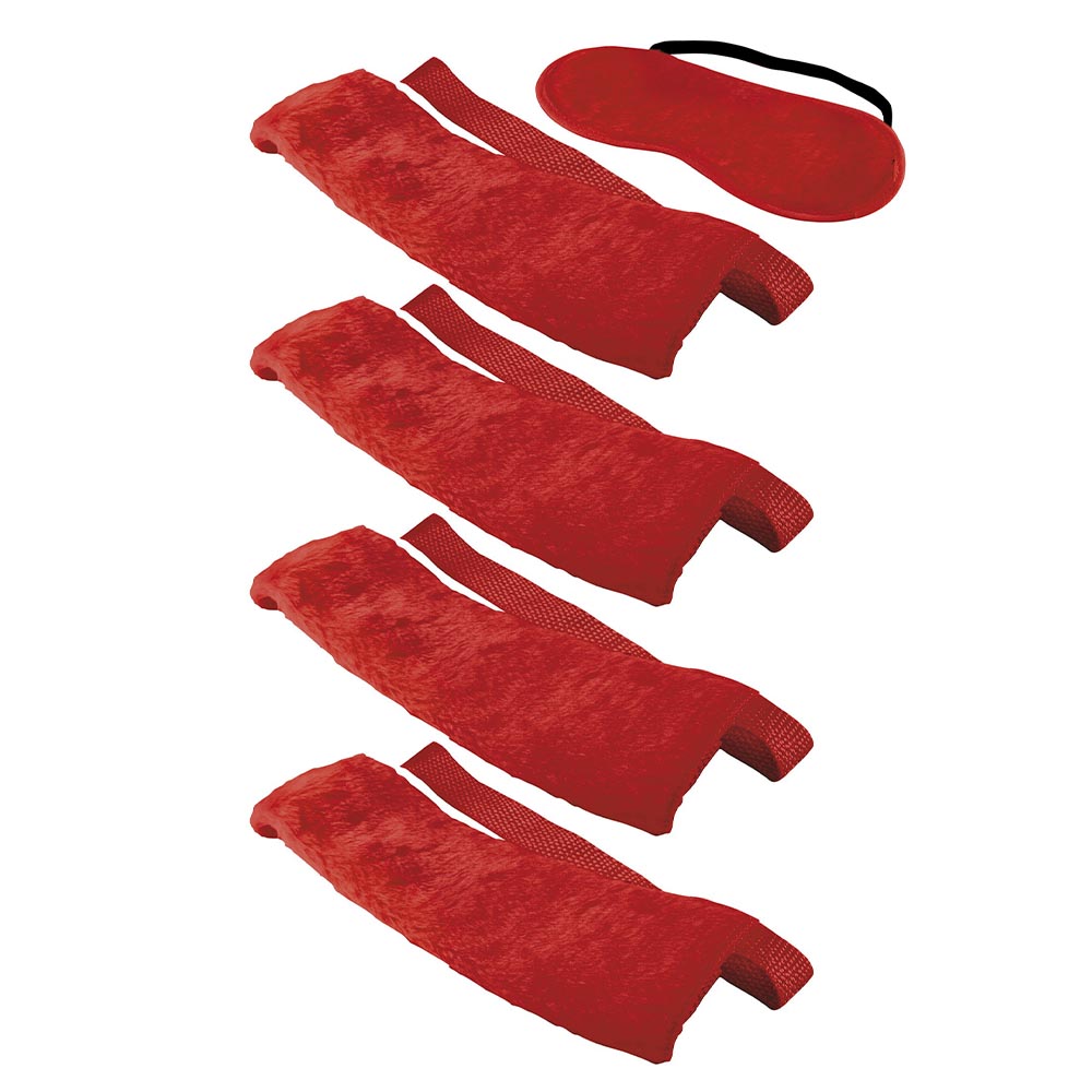 Kit Bondage com 4 Amarras e Venda de Pel�cia Vermelho | Imagem 02: Conjunto completo de amarras e venda em pel�cia