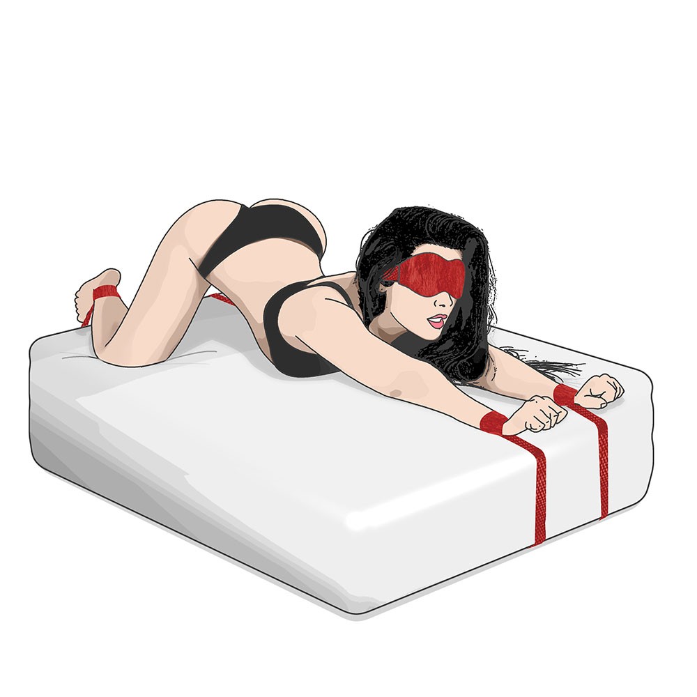 Kit Bondage com 4 Amarras e Venda de Pel�cia Vermelho | Imagem 03: Ilustra��o de mulher amarrada e vendada na cama