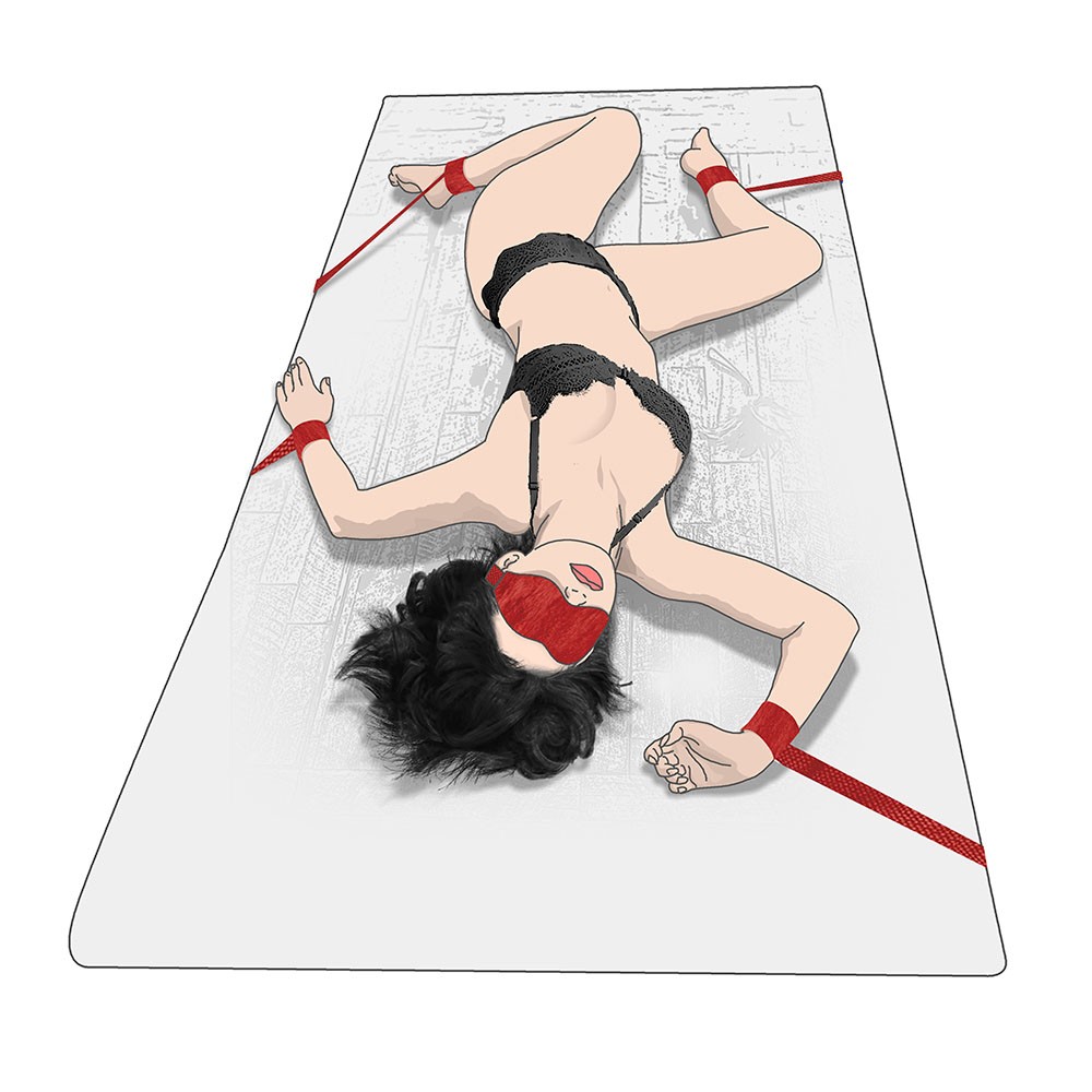 Kit Bondage com 4 Amarras e Venda de Pel�cia Vermelho | Imagem 04: Mulher amarrada na cama com venda nos olhos e amarras nos pulsos e tornozelos.