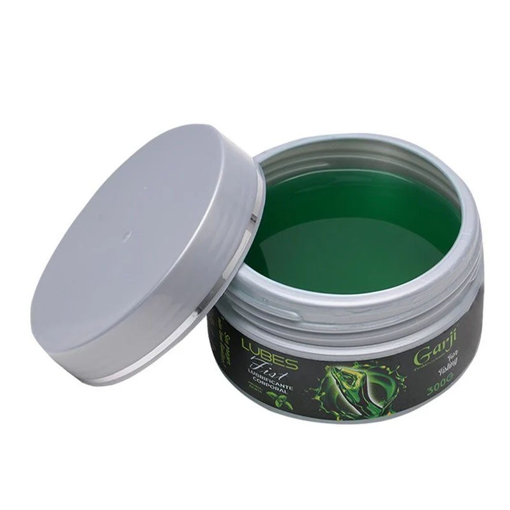 Lubrificante para Fisting � Base de �gua com Aroma de Menta Lubes Fist 300g com tampa aberta revelando textura em gel verde