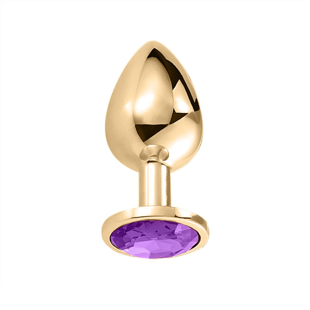 Vista lateral do Plug Anal Joia em A�o Redondo Dourado Tamanho G Roxo evidenciando formato anat�mico e propor��o equilibrada