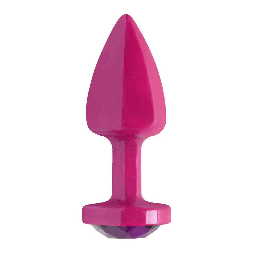 Plug Anal Joia em ABS Rosa Tamanho P com Pedra Roxa, vista lateral real�ando o design ergonomico e a suavidade do material.