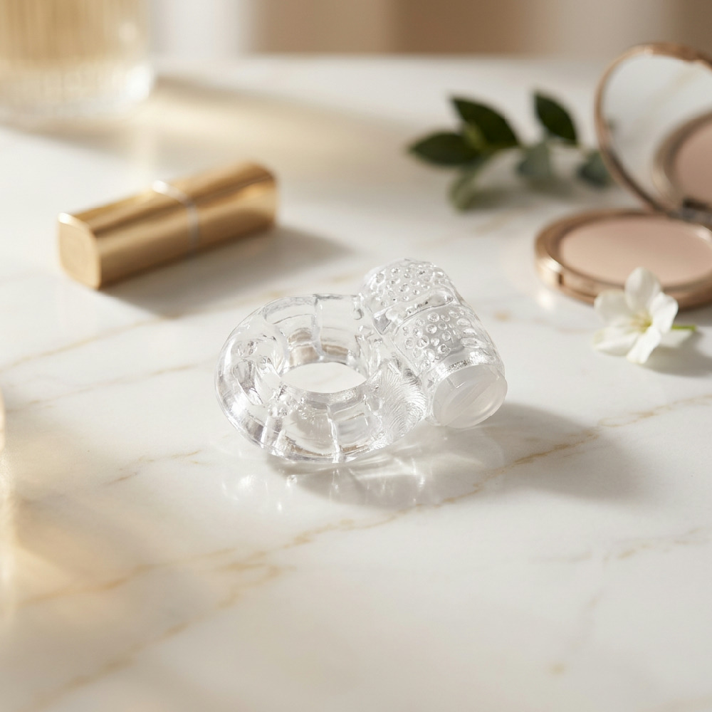 Anel Peniano Vibrat�rio Transparente com Estimulador Clitoriano Texturizado em um ambiente claro com plantas e velas, sugerindo um momento de relaxamento