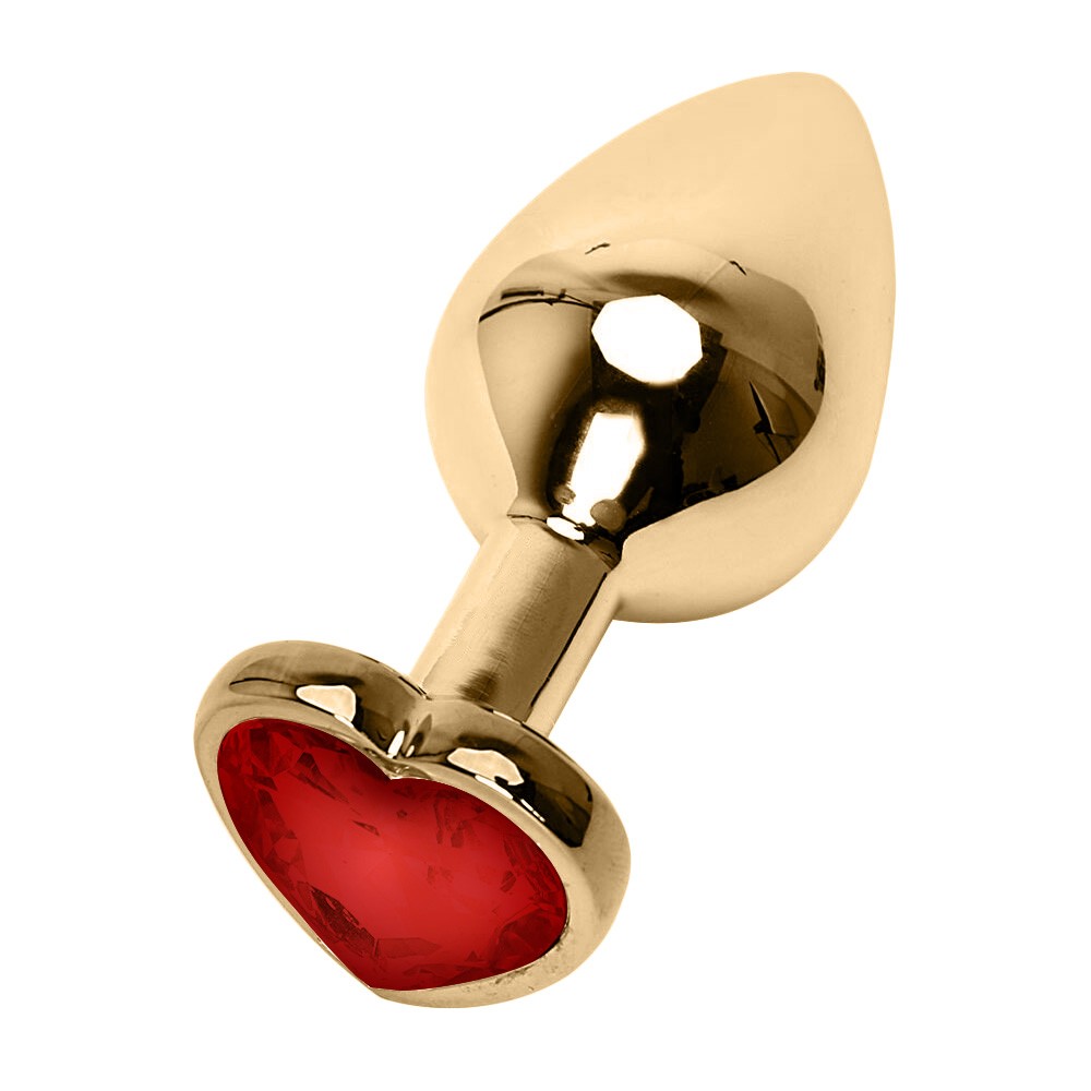 vista lateral do plug anal joia em a�o coracao dourado evidenciando formato anat�mico e propor��o equilibrada